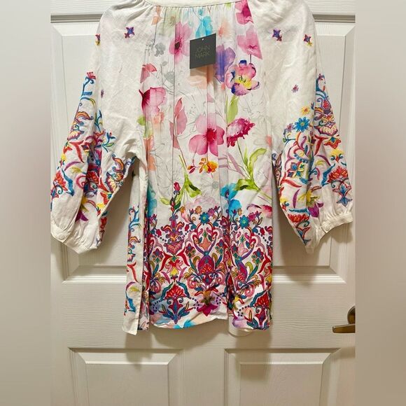 John Mark Womens Tunic Top Floral Embroidered Tassel Linen Size M Split Neck NWT - Picture 10 of 15